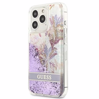 Guess GUHCP13LLFLSU iPhone 13 Pro / 13 6.1" violets cietais apvalks ziedu šķidrs spīdums
