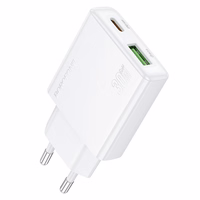 Borofone Lādētājs BN25 Wish (Ultra Thin) - USB + Type-C - PD QC 3.0 30W balts