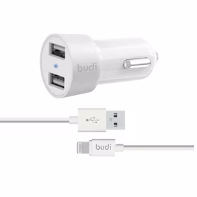 Budi - 2 USB auto lādētājs with LED indicator+lightning kabelis