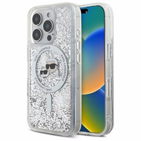 Karl Lagerfeld Liquid Glitter Karl & Choupette Head Magnētiskais viedtālruņa apvalks iPhone 16 Pro Max - caurspīdīgs
