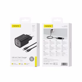 FONENG sienas lādētājs EU71 PD 30W 1xUSB-C + 1xUSB QC3.0 + kabelis USB-C - USB-C melns