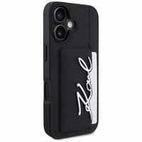 Karl Lagerfeld HC Graudēts PU Kartes Slēdzis Metal Signature iPhone 16 apvalks - melns