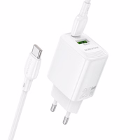 Borofone Lādētājs BN27 USB + Type C - QC 3.0 PD 20W ar Type C uz Type C kabeli balts
