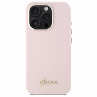 Guess Silikona Uzraksts Metāla Logotips un Rāmis Viedtālruņa apvalks iPhone 16 Pro Max - rozā