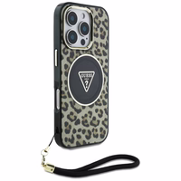 Guess HC IML leoparda trīsstūra auklas siksna MagSafe apvalks iPhone 16 Pro - brūns