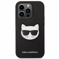 Karl Lagerfeld Saffiano Choupette Head Patch viedtālruņa apvalks iPhone 14 Pro - melns