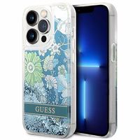 Guess GUHCP14LLFLSN iPhone 14 Pro 6.1 zaļš / zaļš kietais viedtālruņa apvalks Flower Liquid Glitter