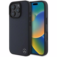 Mercedes MB MagSafe viedtālruņa apvalks iPhone 16 Pro Max no odas, imitācijas koka - Tumši zila