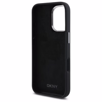 DKNY Liquid Silicone Metal Logo viedtālruņa apvalks iPhone 16 - melns