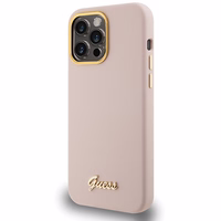 Guess Silicone Script Metal Logo & Frame viedtālruņa apvalks iPhone 15 Pro - rozā