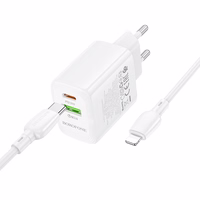Borofone sienas lādētājs BN27 Fuente - USB + Type C - QC 3.0 PD 20W ar Type C uz Lightning kabeli balts