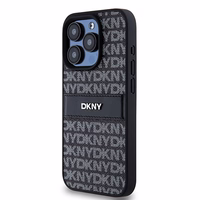 DKNY Ādas mono svītra un metāla logotips viedtālruņa apvalks iPhone 15 Pro - melns