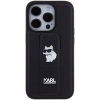 Karl Lagerfeld Gripstand Saffiano Choupette Pins viedtālruņa apvalks iPhone 15 Pro Max - melns