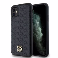 DKNY ādas monogrammas raksts metāla logotips magnētiskais viedtālruņa apvalks iPhone 11 / Xr - melns