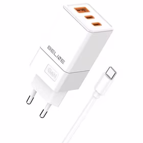 Beline Tīkla lādētājs 2x USB-C + 1x USB 65W + kabelis USB-C balts PD 3.0 + QC 3.0 BLN3CW65C GaN