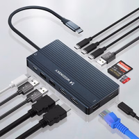 USB-C Hub 14 in 1 Wozinsky WDS03Y5S daudzfunkcionāls, alumīnijs, 3 monitoriem, ar 15 cm kabeli - pelēks