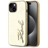 Karl Lagerfeld Wrinkled Metal Signature viedtālruņa apvalks iPhone 15 - zelta