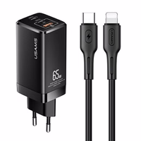 USAMS Tīkla lādētājs MT 2xUSB-C+USB GaN 65W T33 PD + Kabelis USB-C-Lightning 30W Fast Charging melns MTXLOGTL01
