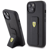 Ferrari Grip Stand Metal Logo apvalks iPhone 15 – melns