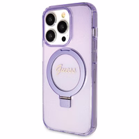 Guess Magnētiskā viedtālruņa apvalks ar gredzena statīvu Script Glitter MagSafe iPhone 13 Pro / 13 - violeta