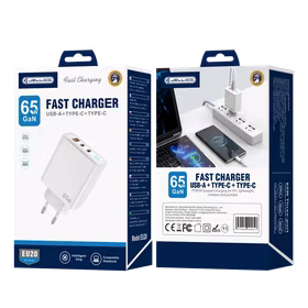 JELLICO tīkla lādētājs EU20 GaN PD 65W 2xUSB-C + 1xUSB QC3.0 balts