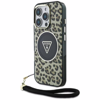 Guess HC IML leoparda trīsstūra auklas siksna MagSafe apvalks iPhone 16 Pro - brūns