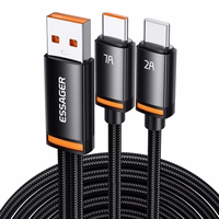 USB Kabelis Essager "Double" 2in1 melns "USB / 2xType-C" 100cm
