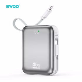 BWOO portatīvais lādētājs P77 45W, 10000 mAh with USB-C and Lightning kabelis, pelēks