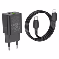 Borofone Sienas lādētājs BN14 Royal GaN - USB + Type C - QC 3.0 PD 30W ar Type C uz Lightning kabeli melns