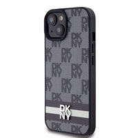 DKNY Ādas rūtainais mono raksts un drukātās svītras viedtālruņa apvalks iPhone 15 Plus / 14 Plus - melns