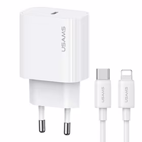 USAMS Tīkla lādētājs 1xUSB-C T65 PD20W PD Fast Charging US-CC226 + kabelis USB-C/Lightning US-SJ712 30W balts Yi Series OYXLTZ02