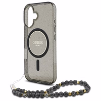 Guess IML Spīdīgs Ar Pērļu Siksniņu Magnētiskais viedtālruņa apvalks iPhone 16 - melns