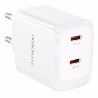 Borofone sienas lādētājs BN31 Cargador GaN - 2x Type C - QC 3.0 PD 45W balts