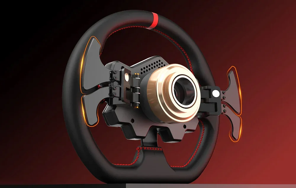 Stūre ar redzamu iekšējo mehānismu un apgaismotiem metāla komponentiem centrā