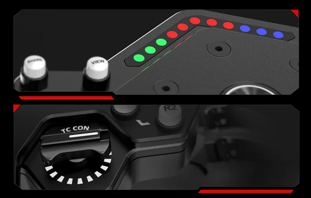 Divu daļu attēls, kas parāda krāsainas LED gaismiņas un vadības regulatorus ar TC CON aprakstu uz stūres