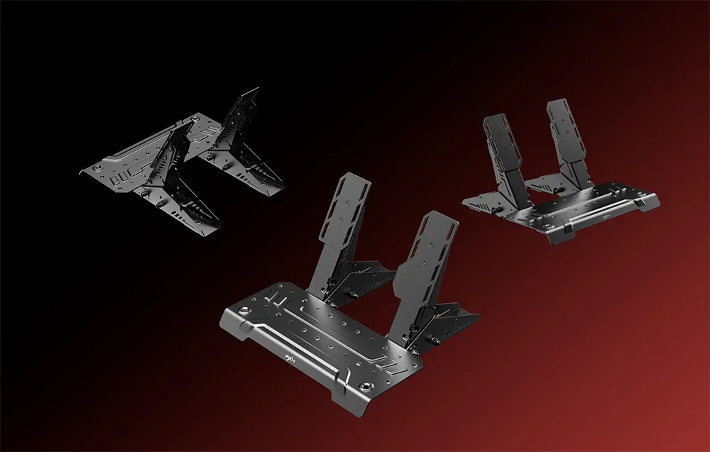 Three different variants of PXN pedals shown in various configurations - from folding to full version with base