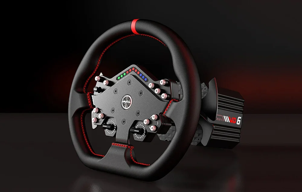 Melna PXN spēļu stūre ar VD6 bāzi uz melna fona.