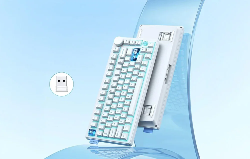 2 white Onikuma keyboards on blue background, USB receiver on the left