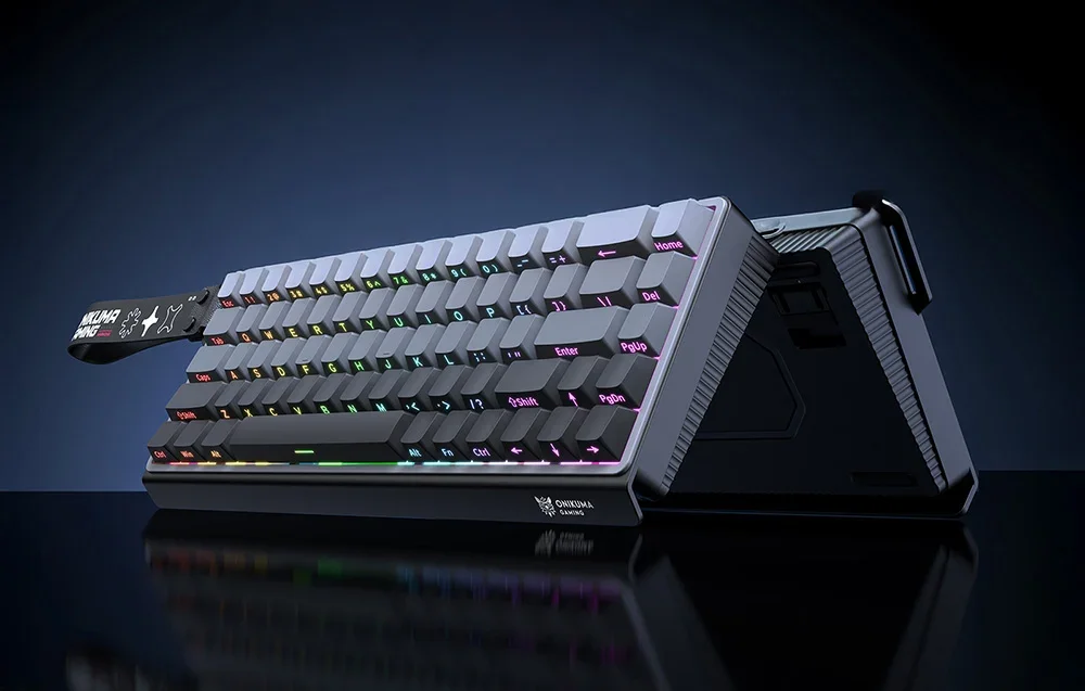 2 black Onikuma gaming keyboards leaning against each other