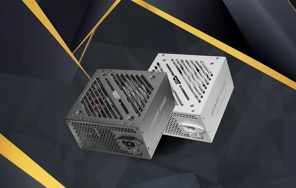 Pelēks un balts datora barošanas bloks tumšā fonā ar dzeltenām līnijām