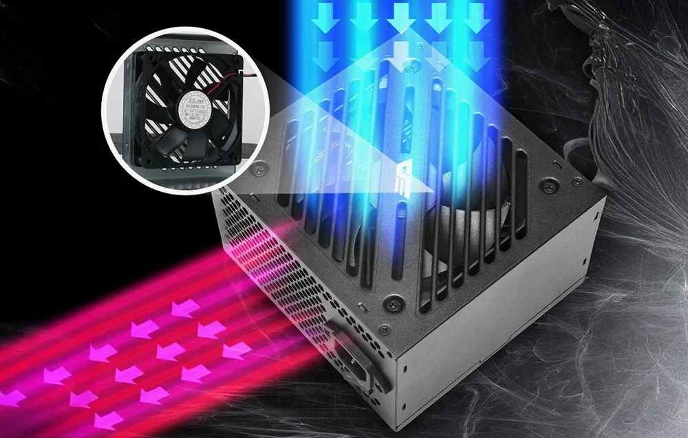 Barošanas bloks ar gaisa plūsmas ilustrāciju, ventilators aplī, zilas un rozā bultas tumšā fonā