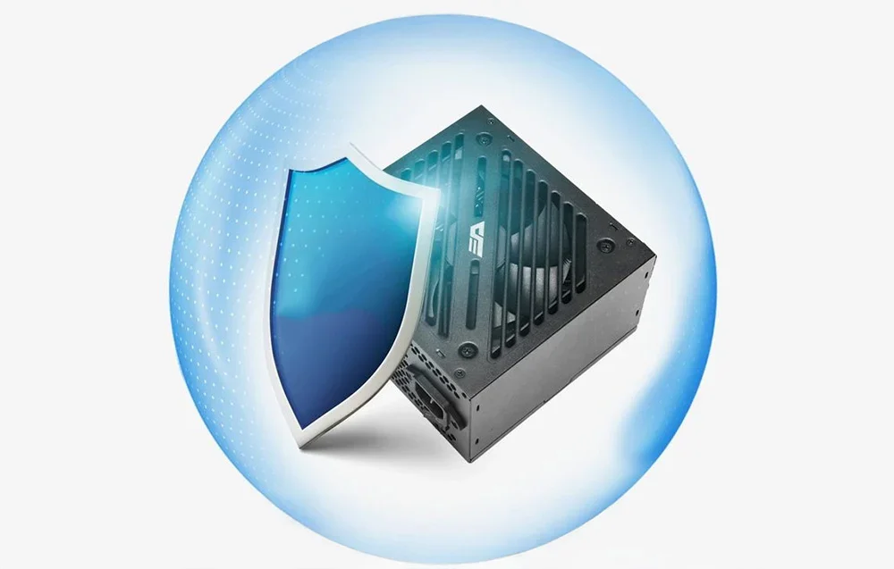 Datora barošanas bloks ar zilu aizsargvairogu pret spīdošu sfēru