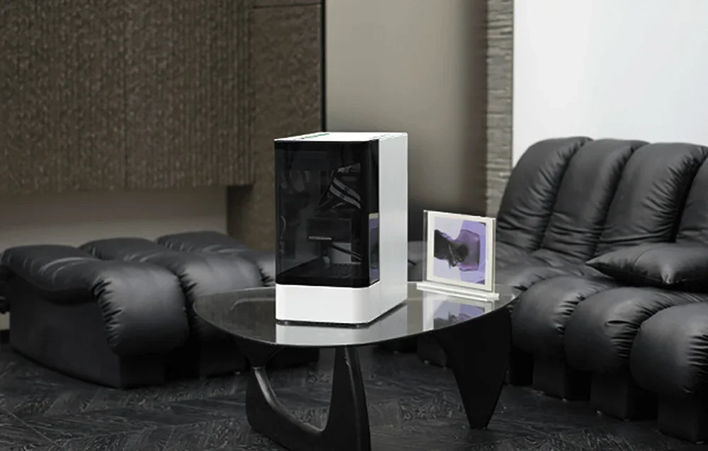 White-black computer case on a coffee table in the living room