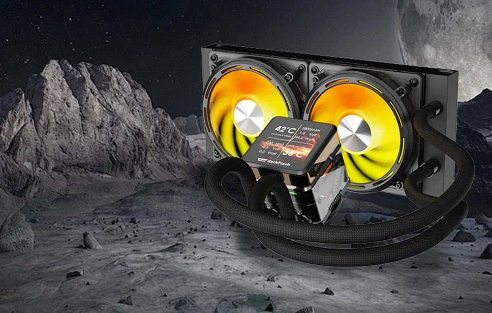 Ūdens dzesētājs procesoram ar 2 ventilatoriem uz melna fona