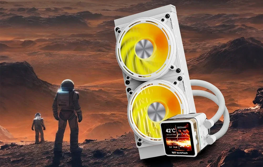 Balts ūdens dzesētājs ar ekrānu, blakus astronautiem