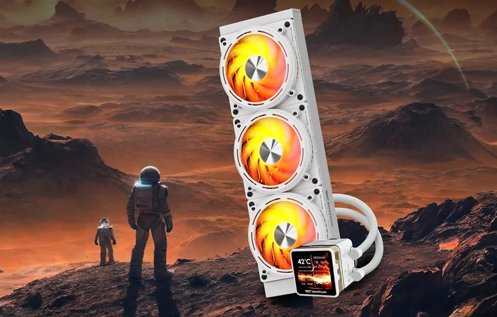 White water cooling with 3 fans and backlight, next to astronauts