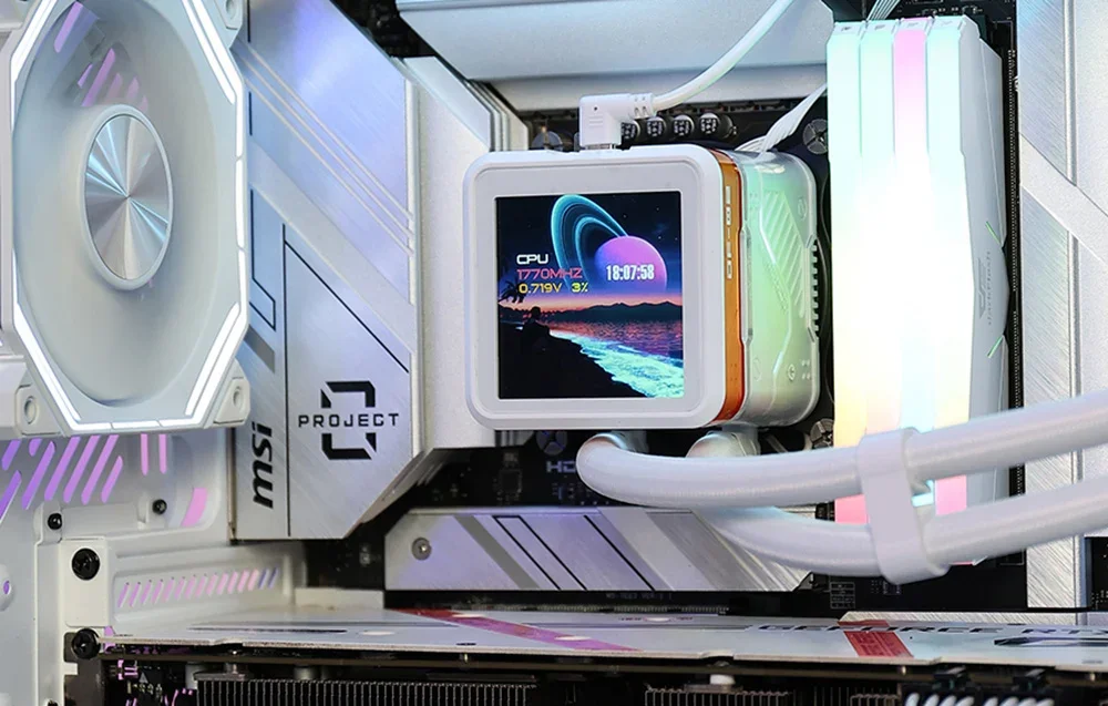 Close-up of the water cooling display in the computer case