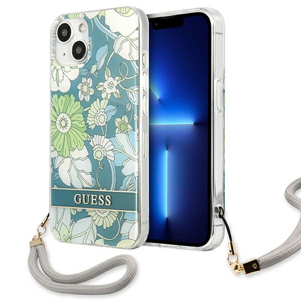 Guess GUHCP13SHFLSN iPhone 13 mini 5.4" zaļš cietais viedtālruņa apvalks ar ziedu siksniņu
