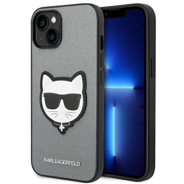 Karl Lagerfeld Saffiano Choupette Head Patch viedtālruņa apvalks iPhone 14 Plus - sudraba