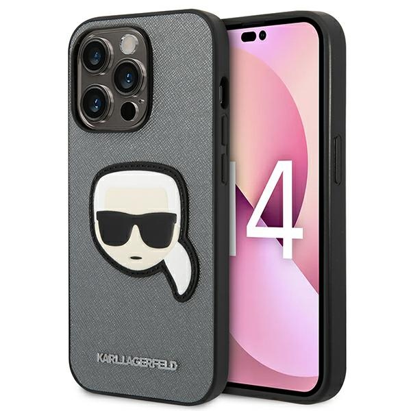 Karl Lagerfeld Saffiano Karl's Head Patch viedtālruņa apvalks iPhone 14 Pro Max - sudraba